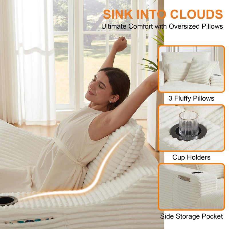 Oversized Chaise Lounge Chair Indoor, 67'' Upholstered Sleeper Sofa Bed with Cup Holders & 3 Pillows, Deep Seat Corduroy Boneless Cloud Sofa Couch for Living Room, No Assembly Reading Chair, White
