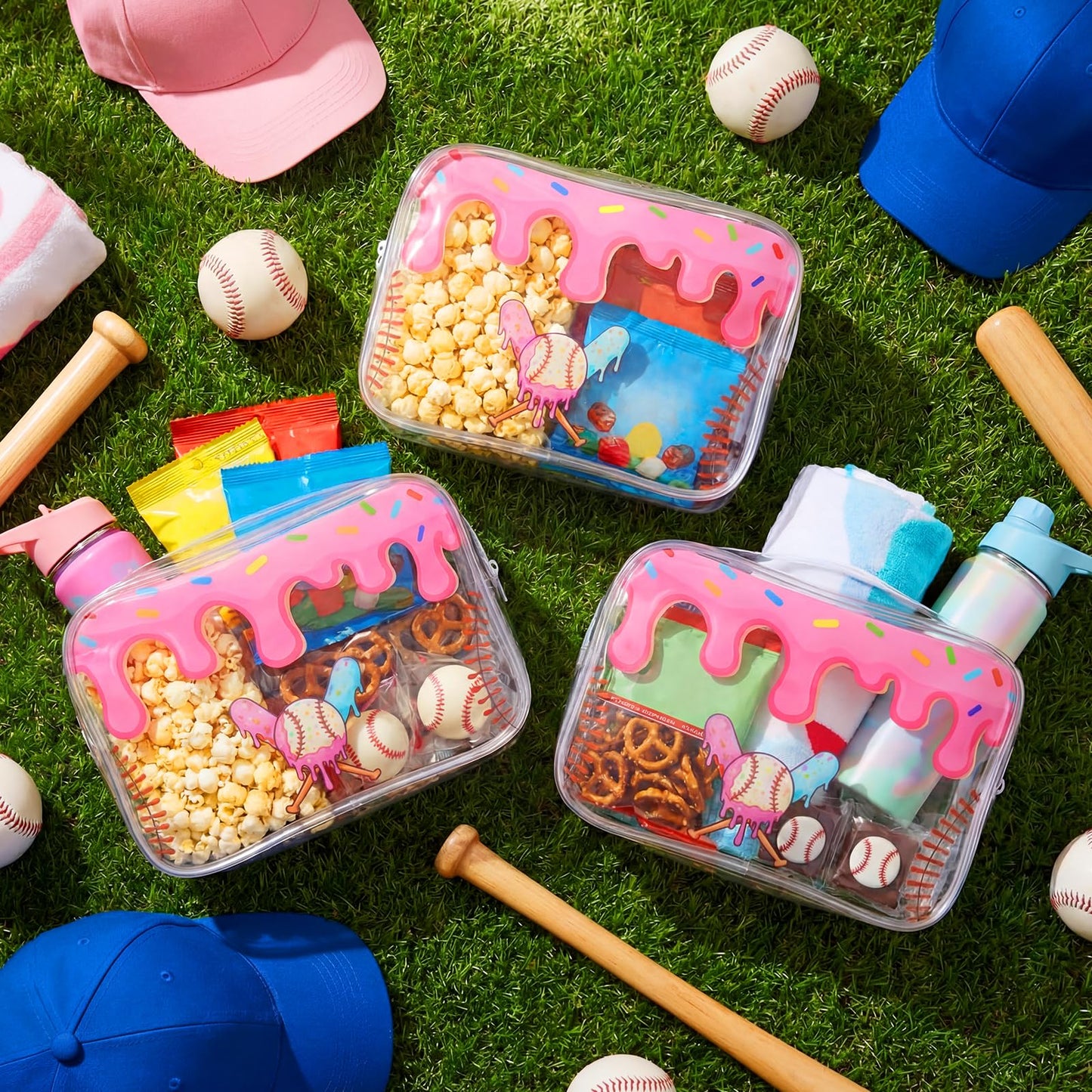 Sunnymove 12 Pcs Ice Cream Drip Baseball Snack Bags for Team Gifts 7 x 4.7 x 2.4'' Goodie Treat Candy Pouch Bags PVC Clear Waterproof with Zipper Party Favors for Travel Birthday Gifts Sport Supplies