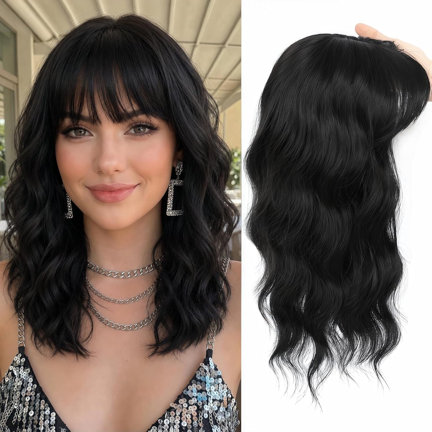 16 Inch Hair Topper for Women - Synthetic Curly Wavy Clip-In with Wispy Bangs | Auburn Brown Natural Volume