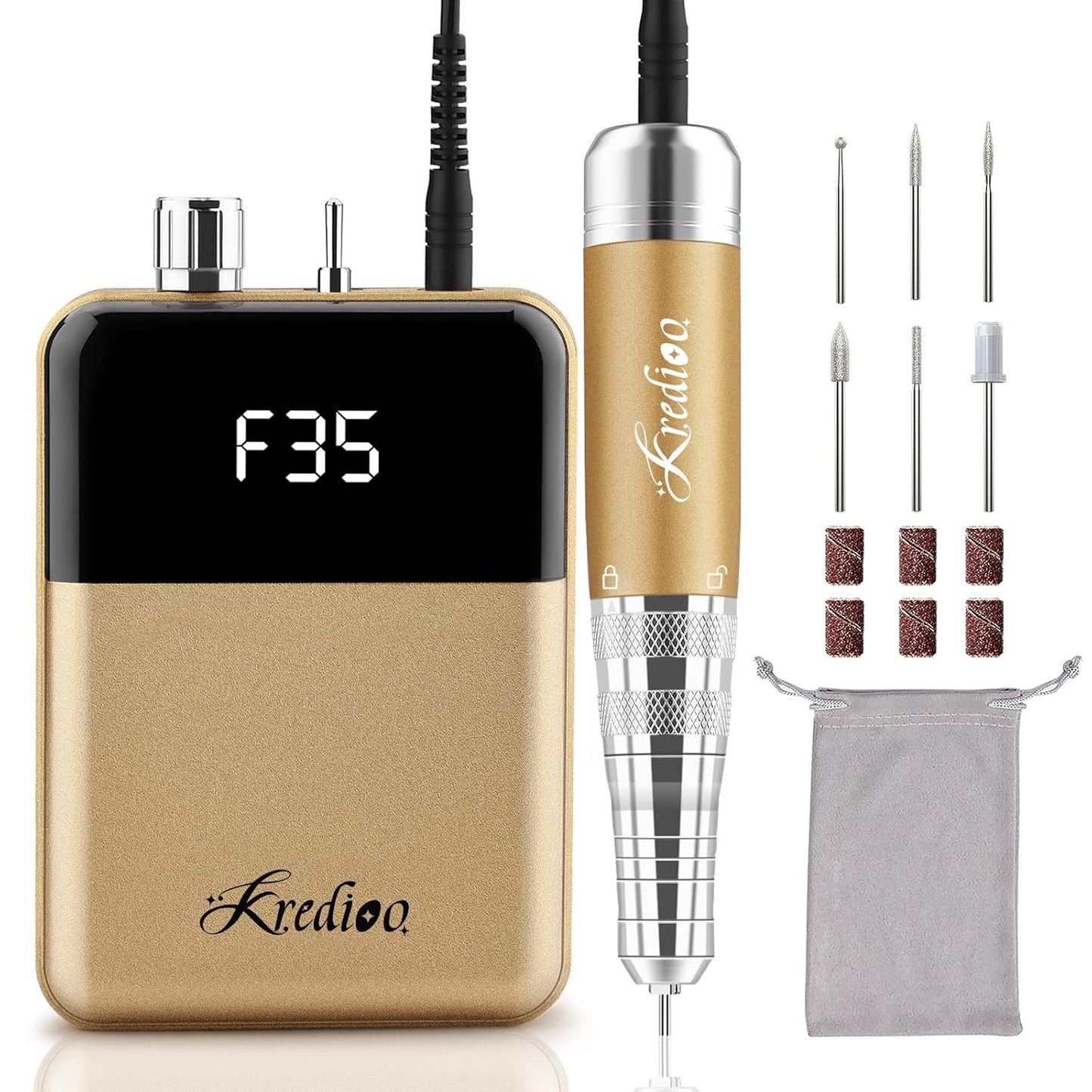 Kredioo Portable Nail Drill - 35000 RPM Rechargeable Electric Nail File Kit for Professional Manicure | White