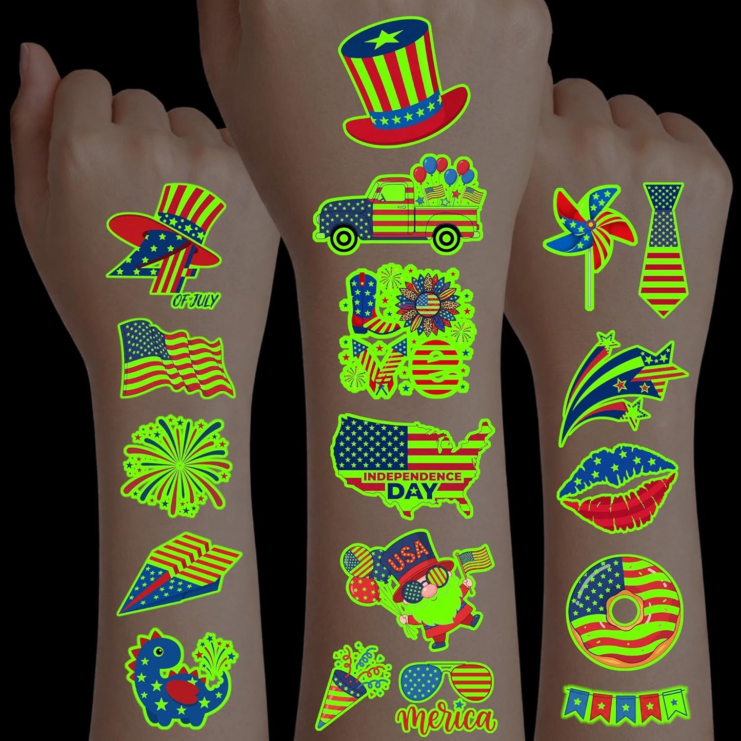 105PCS 4th of July Temporary Tattoos | Patriotic USA Flag Stickers for Kids & Adults - Red, White & Blue Party Favors