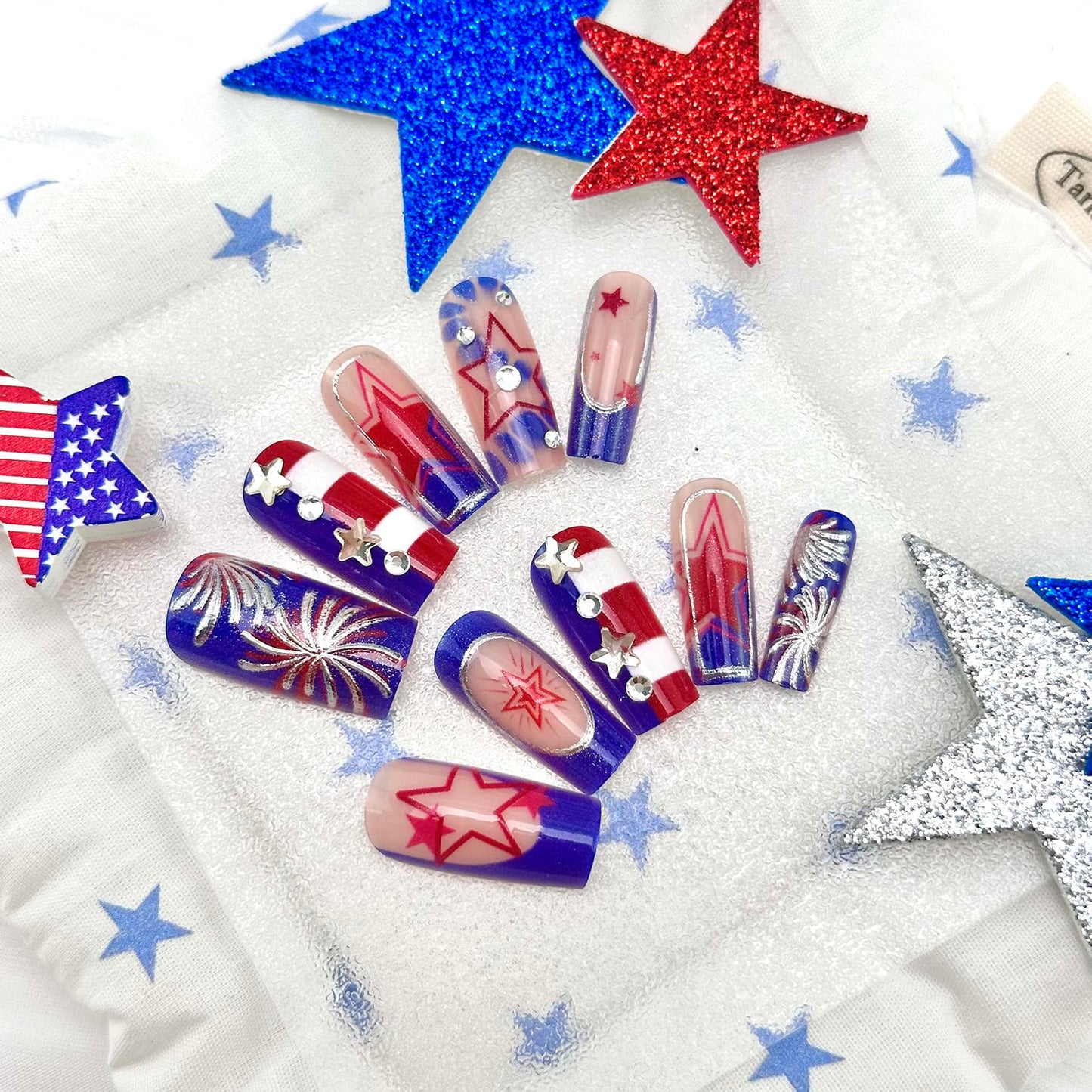 24 PCS 4th of July Press-On Nails | Medium Square Blue French Tip with Red Star Designs for Independence Day