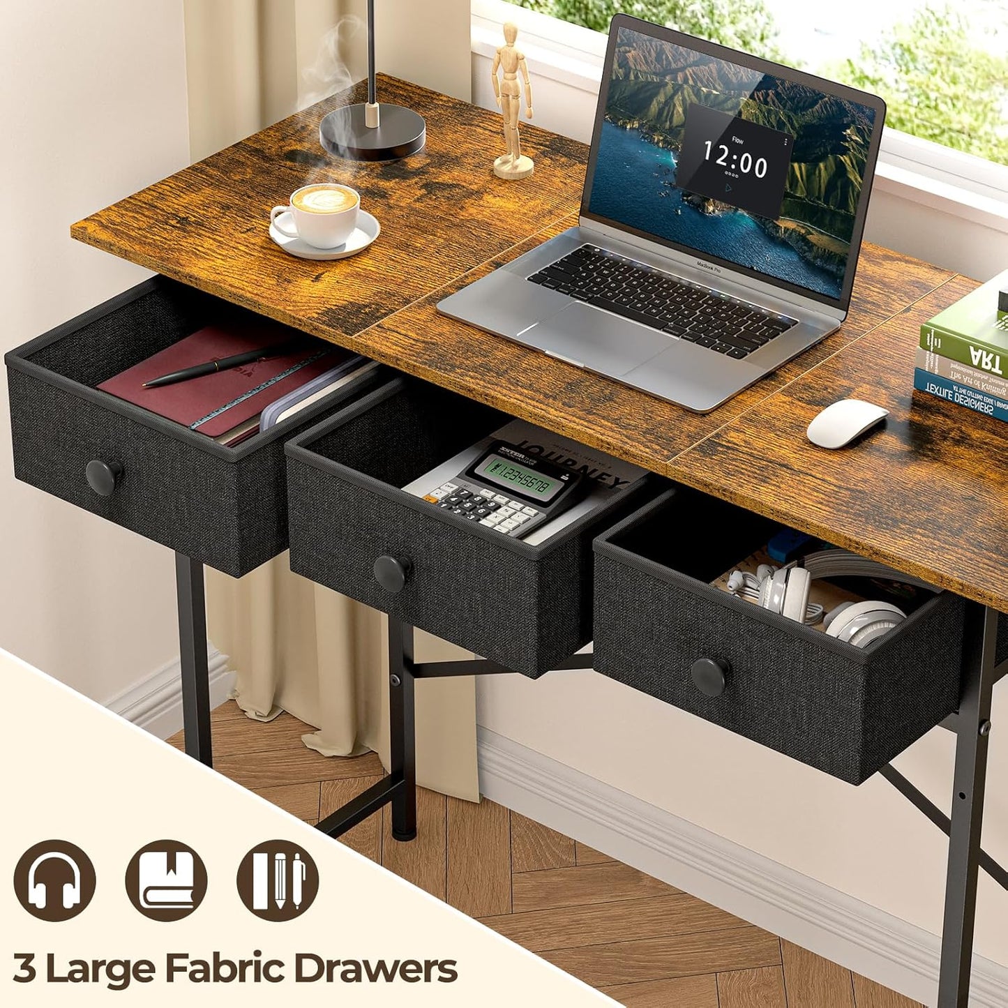 Small Writing Desk - 37.2 Inch Computer Desk with 3 Drawers | Rustic Brown for Bedroom, Home Office, Dorm