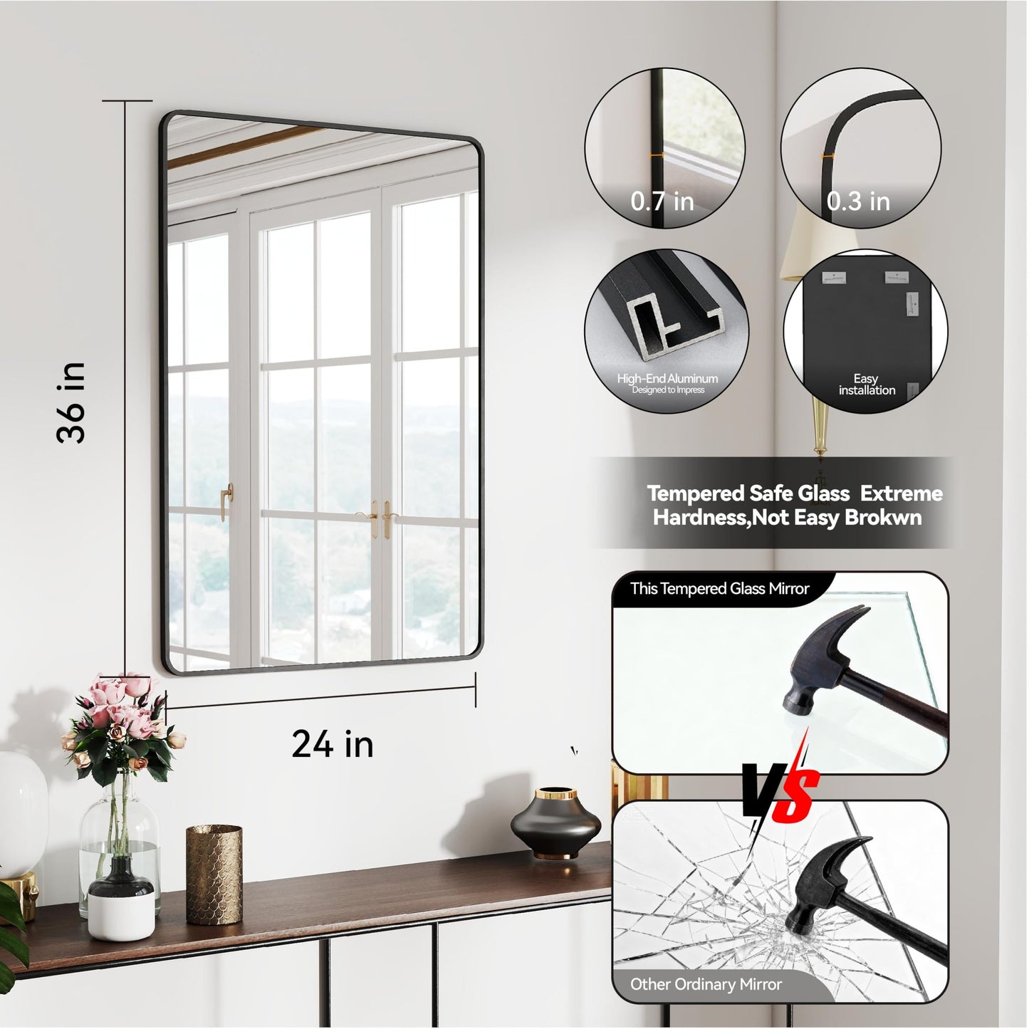 SCWF-GZ 24x36 Mirror Vanity Bathroom Wall Mounted Aluminum Alloy Metal Frame Dressing Round Rectangle Mirrors for Entryway Bedroom Living Room Horizontally or Vertically 36x24 inch Black