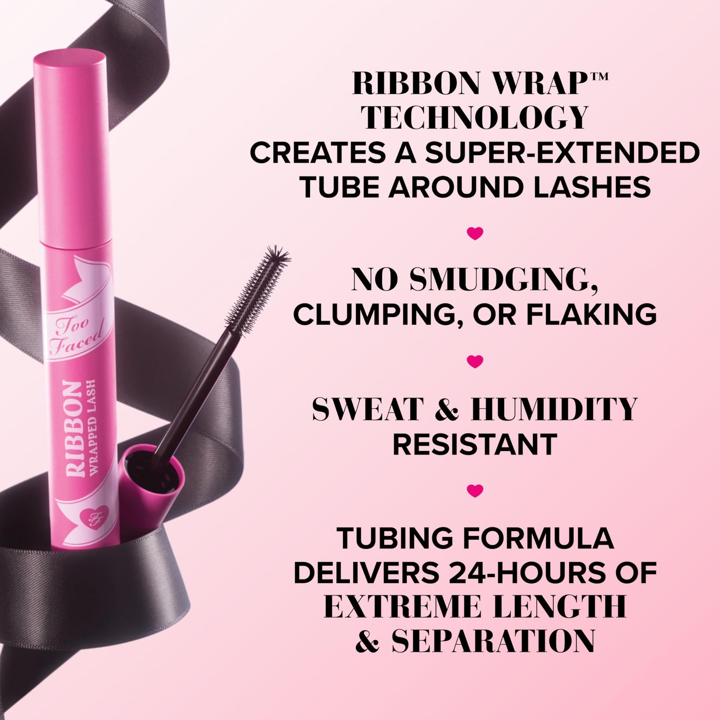 Too Faced Ribbon Wrapped Lash Mascara | Extreme-Length Tubing Mascara + 24-Hour Volume & Curl | Flake-Resistant, Smudge-Proof, Clump-Free Formula, Lash Extension Effect, Black, Travel Size, 0.16 Fl Oz