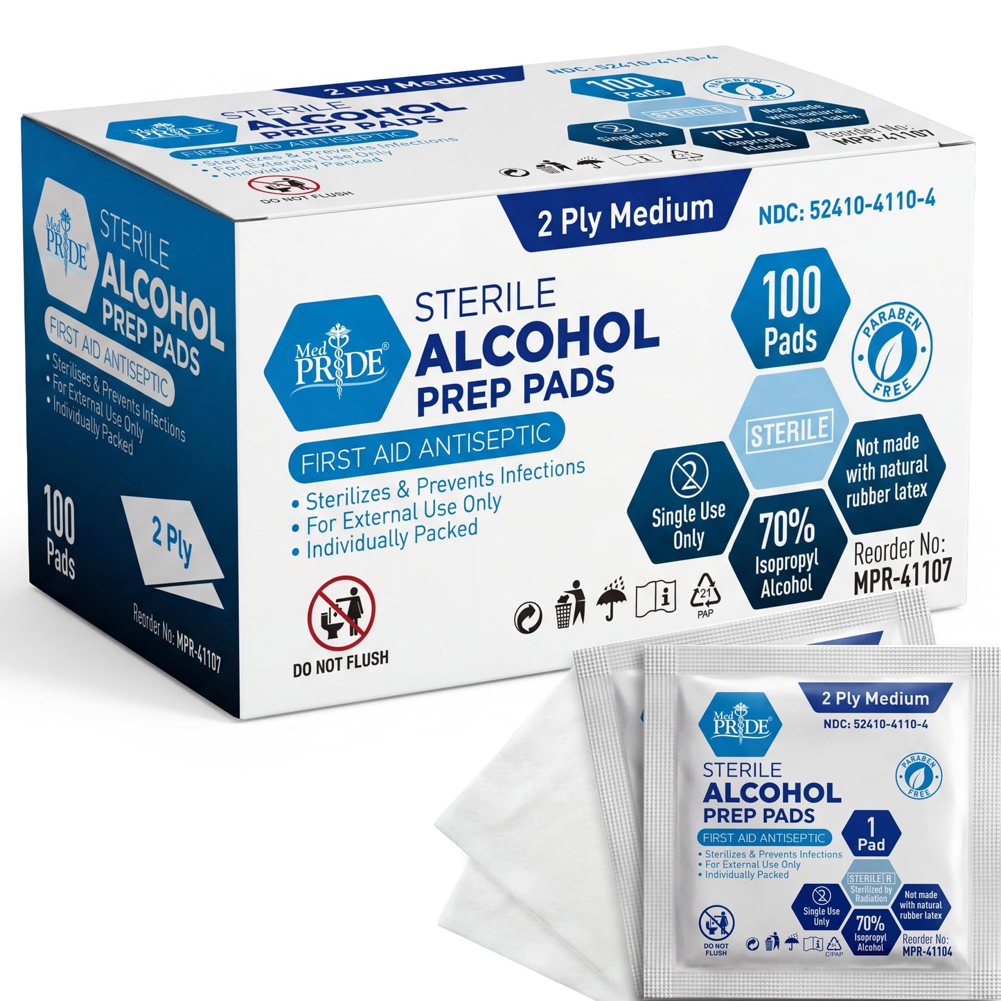 MED PRIDE Sterile Alcohol Prep Pads, Medical Grade, 2-Ply, 100-Count