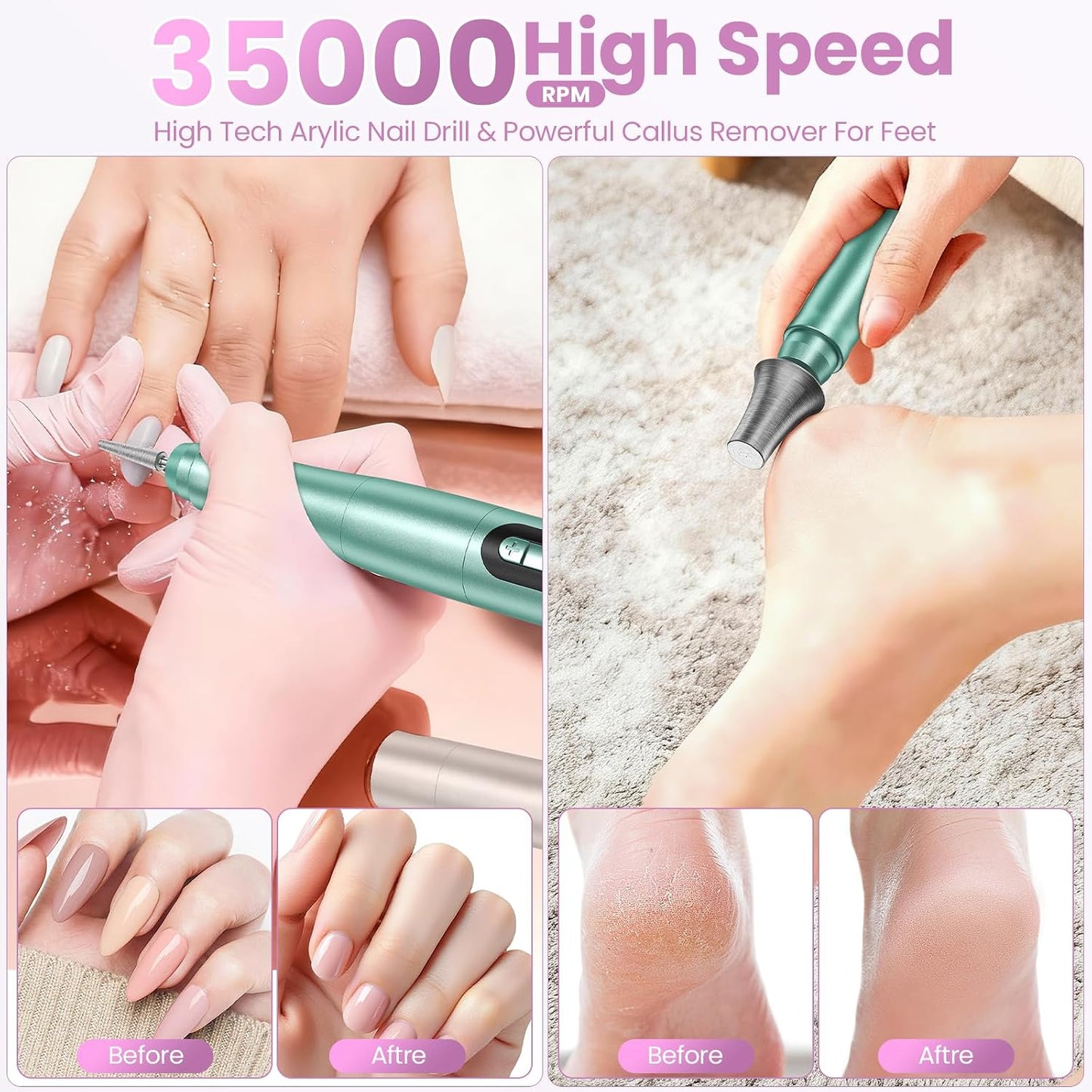 Cordless Nail Drill - 35000RPM Electric Nail File for Acrylic Gel Nails | Rechargeable Manicure Pedicure Kit with LCD Display - Green