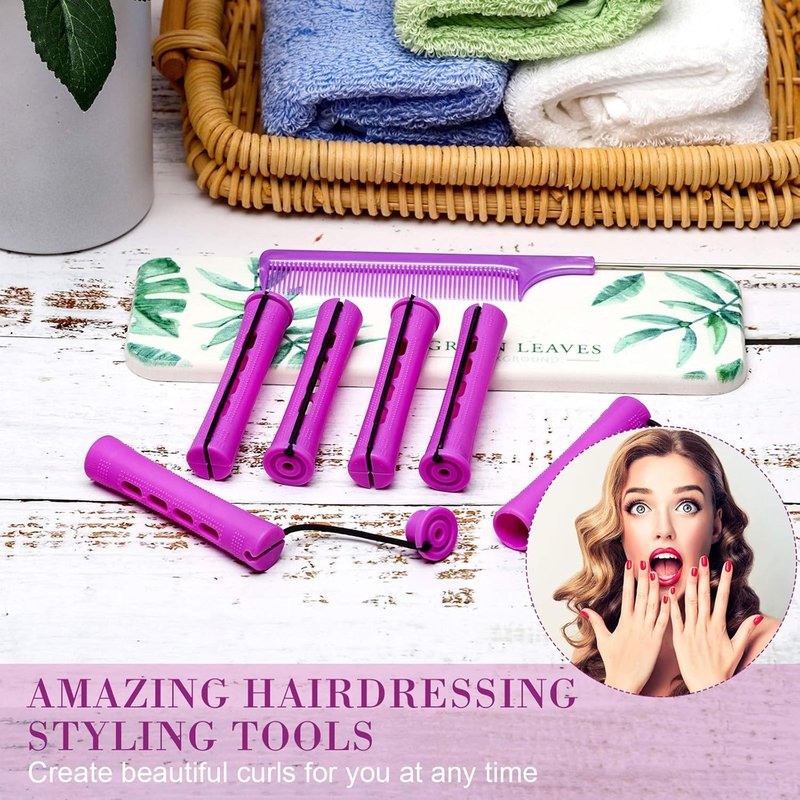 24 Pcs Hair Perm Rods - Plastic Cold Wave Curlers with Steel Pintail Comb | Purple, 0.75 Inches