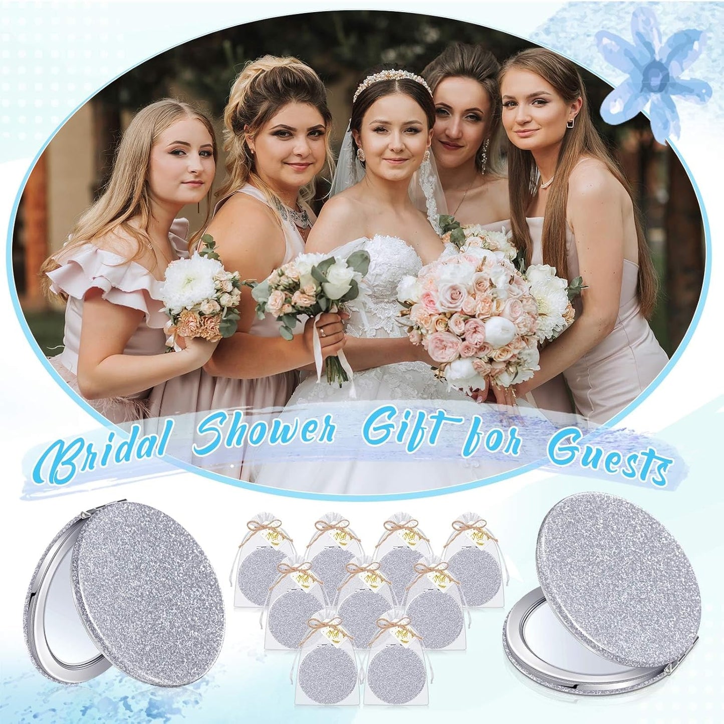 Compact Magnifying Mirrors - 30 Sets with Thank You Cards | Quinceanera Party Favors, Bridal Shower Gifts, Silver