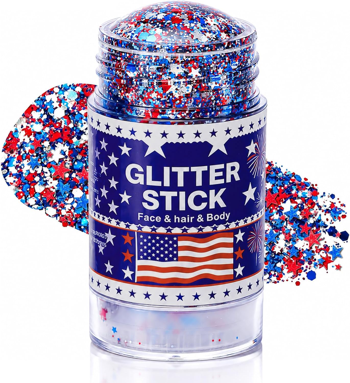 Patriotic Body Glitter Stick - 4th of July Sparkling Face & Hair Makeup | Waterproof Red, White & Blue Glitter