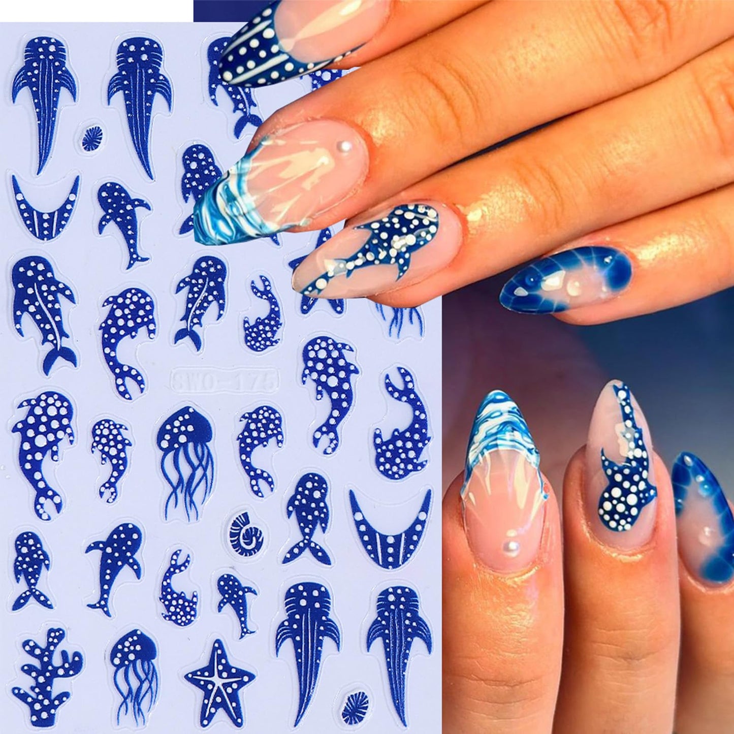 Summer Ocean Nail Stickers 3PCS Blue Polka Dot Whale Shark Nail Art Stickers Starfish Jellyfish Design Self-Adhesive French Manicure Decals Nail Supplies for Women DIY Nail Decorations