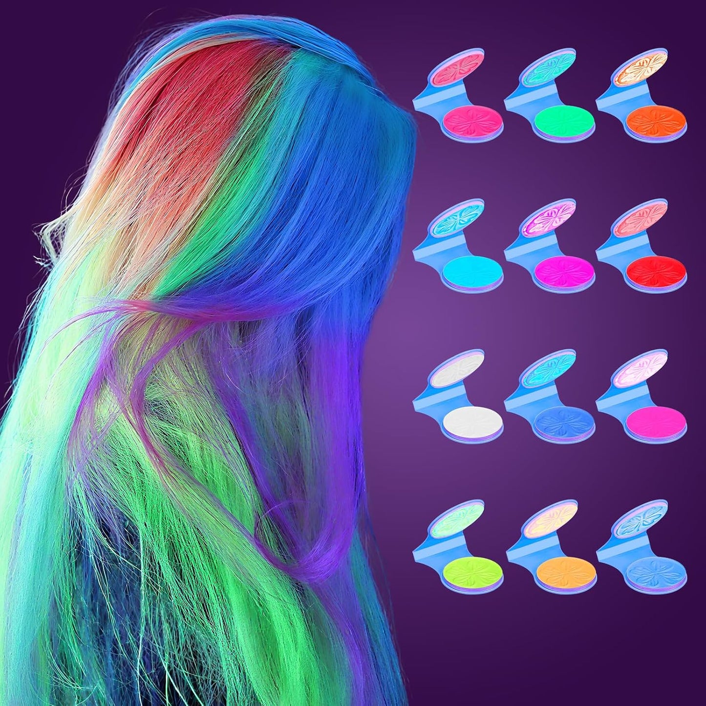 Temporary Hair Chalk - 12 Washable Neon Colors for Kids & Adults | Glow Under UV Light - Perfect for Halloween & Birthday Gifts (Ages 5-12)