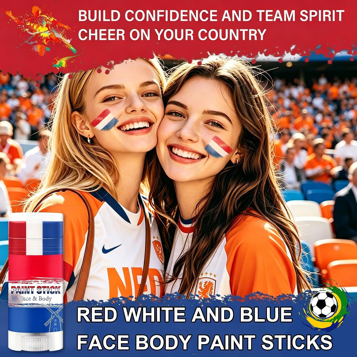 Red White and Blue Face Paint Stick - Sweatproof High Pigment for World Cup Fans | Party Accessories