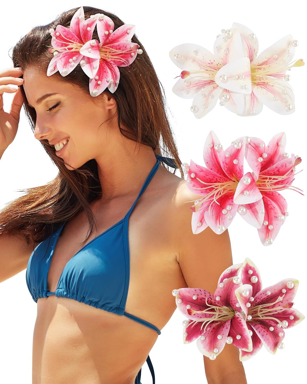 Hawaiian Flower Hair Clips - 3 PCS Artificial Orchid Barrettes for Weddings & Beach Parties | Pink, Rose, Green