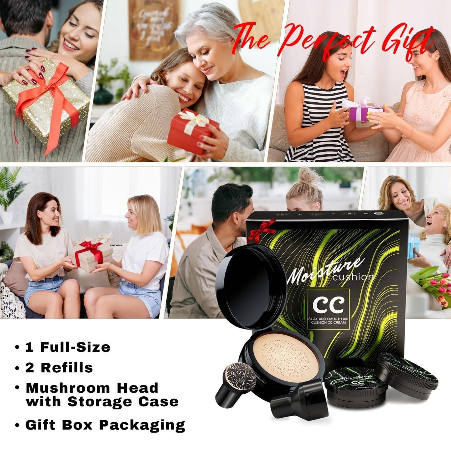 OETUIOW Mushroom Head Air Cushion CC Cream Gift Set for Women, 1 Full-Size Makeup Foundation with 2 Refills & 1 Special Mushroom Head Puff, Natural