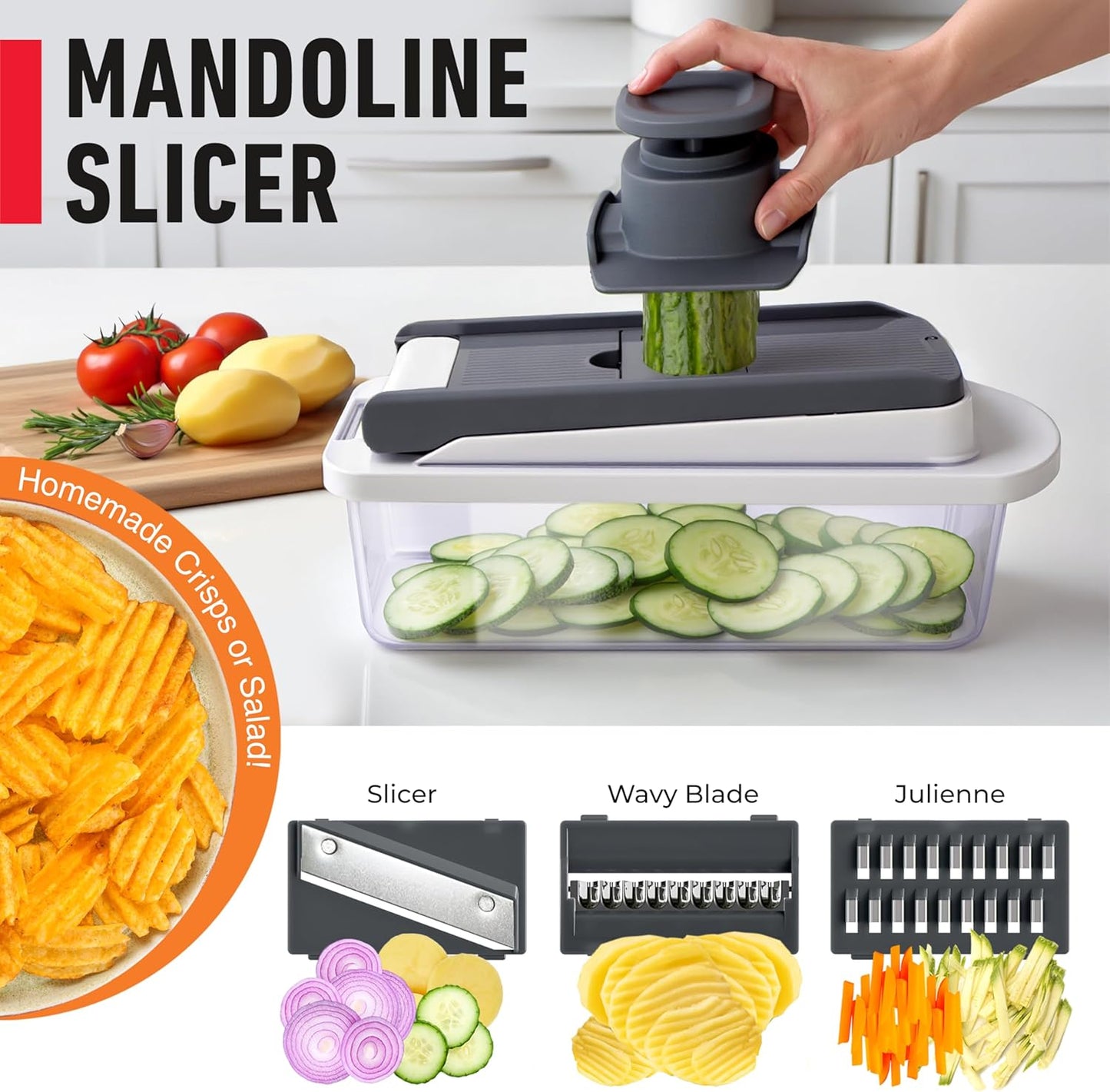 Mueller Vegetable Chopper - 10-in-1 Mandoline Slicer with 8 Blades & Container | Kitchen Gadget Essentials