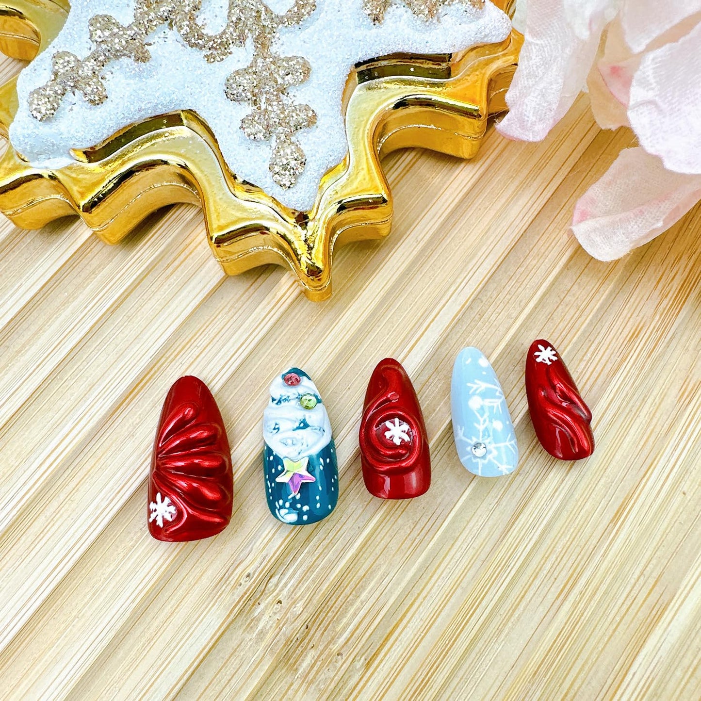 3D Christmas Press-On Nails - Medium Almond Acrylic with Rhinestones | 24 Pcs Winter Snowflake Designs