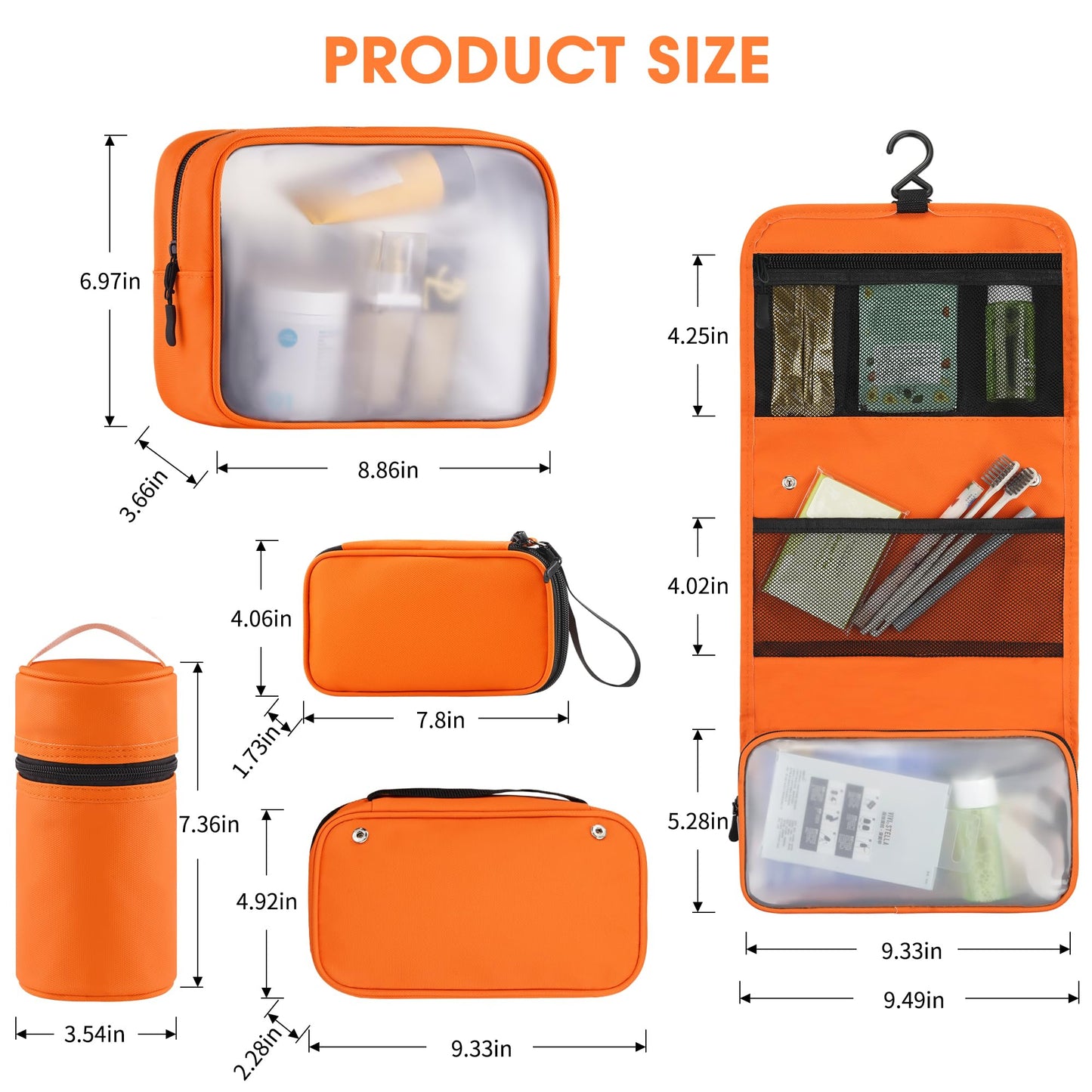 Toncoke Travel Toiletry Bag Set, Hanging Toiletry Bag Premium Faux Leather, Toiletry Bag for Women & Men, Travel Essentials Makeup Bag Water-resistant, Faux Leather Orange