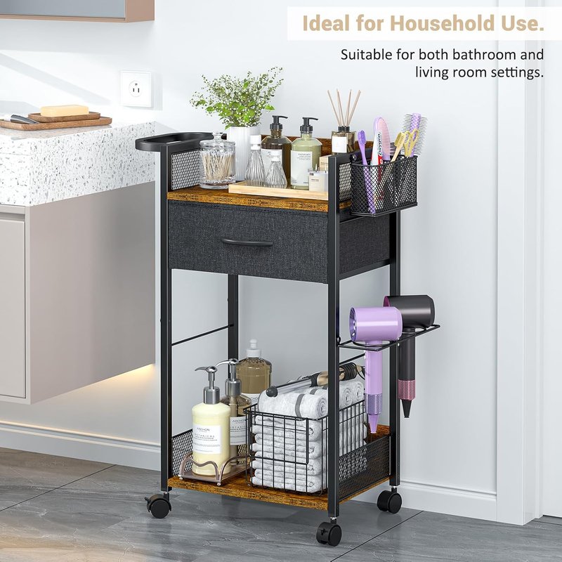 Mobile Hair Stylist Station - Salon Trolley Cart with Wheels, Metal Tool Holder & Fabric Drawer | Black