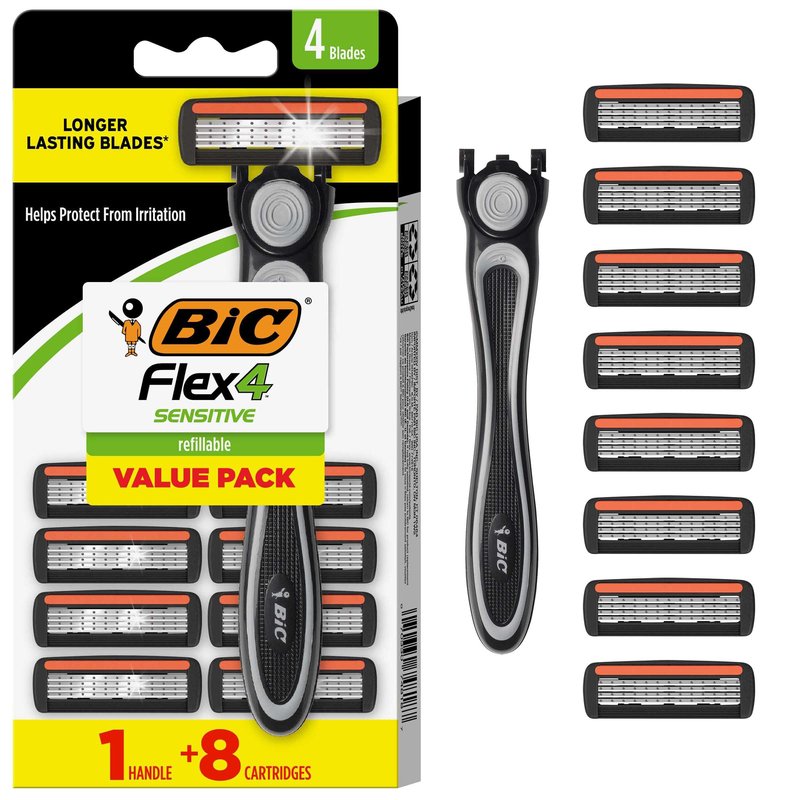BIC Flex 4 Refillable Razors for Men, Long-Lasting 4 Blade Razors for Sensitive Skin, 1 Handle and 7 Cartridges, 8 Piece Shaving Kit