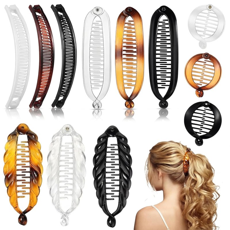 12 Pcs Banana Clips for Women - Classic Fishtail Hair Holders | Tortoiseshell, White, Clear, Black