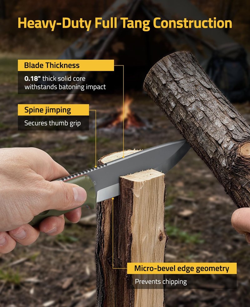 CVLIFE Fixed Blade Knife with Sheath, 5.2" D2 Steel Full Tang Survival Bushcraft Knife, Scandi Grind, 5-Layer Handle with G10 Liners, Heavy Duty Hunting Camping Knives for Men, Green