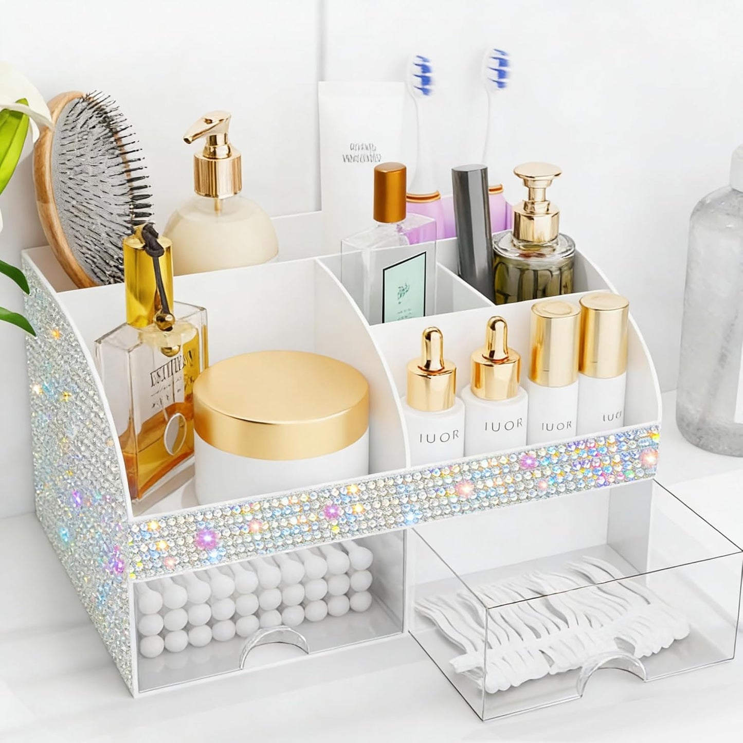 Makeup Organizer - Cosmetic Storage with Drawers for Vanity & Bathroom | White Beauty Holder for Lipstick & Brushes