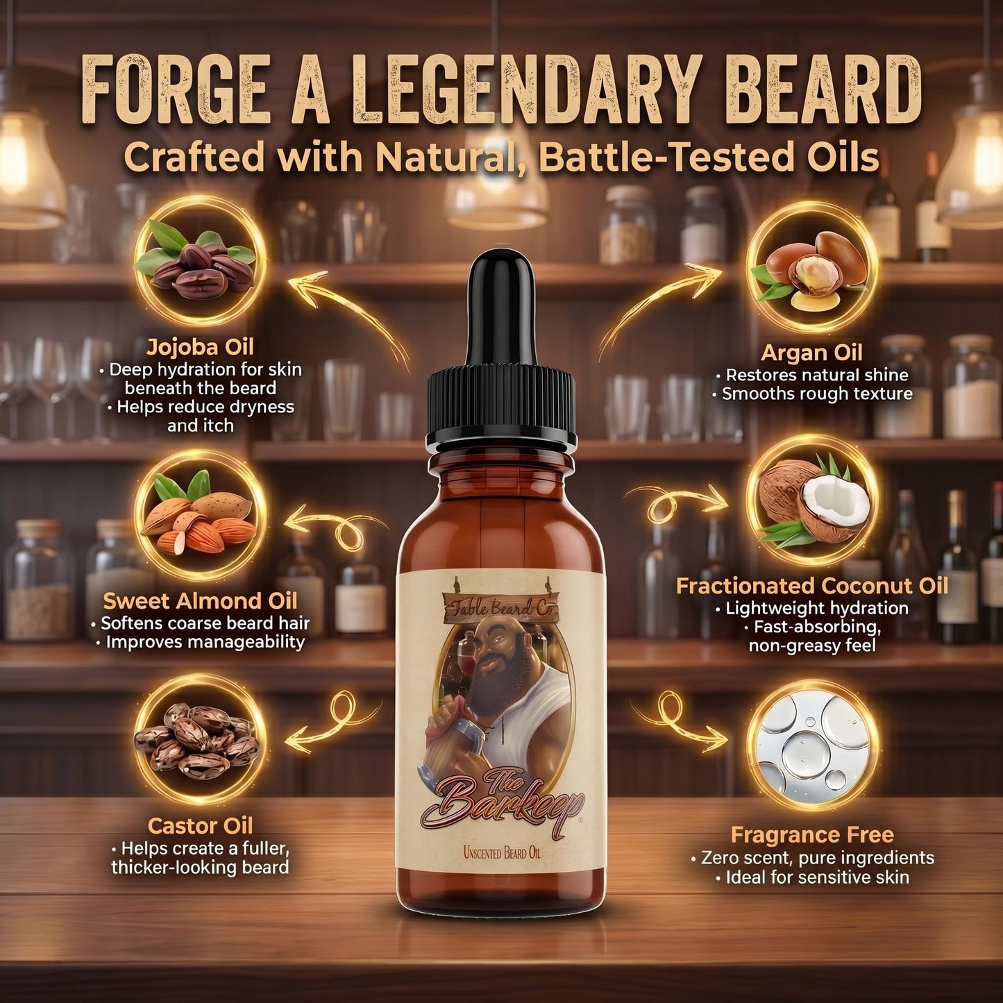 Fable Beard Co. Beard Oil - The Barkeep, Unscented, Natural Beard Oil for Men with Jojoba & Argan Oils, Vitamin E, Beard Hair Softener, Made in USA (1 Fl Oz)