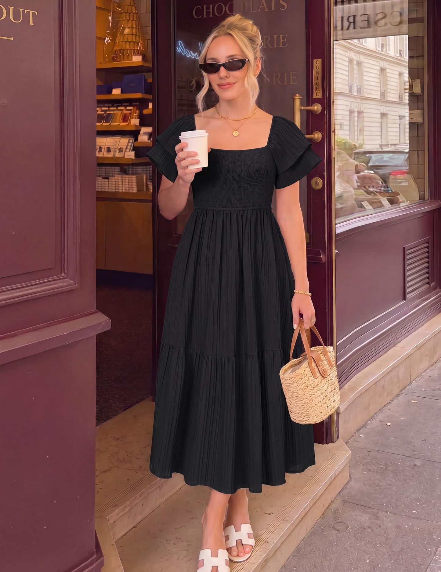 OLICE Women's Summer Midi Dress Short Sleeve Square Neck Off Shoulder Ruffle Elastic High Waist Vacation Dress with Pockets