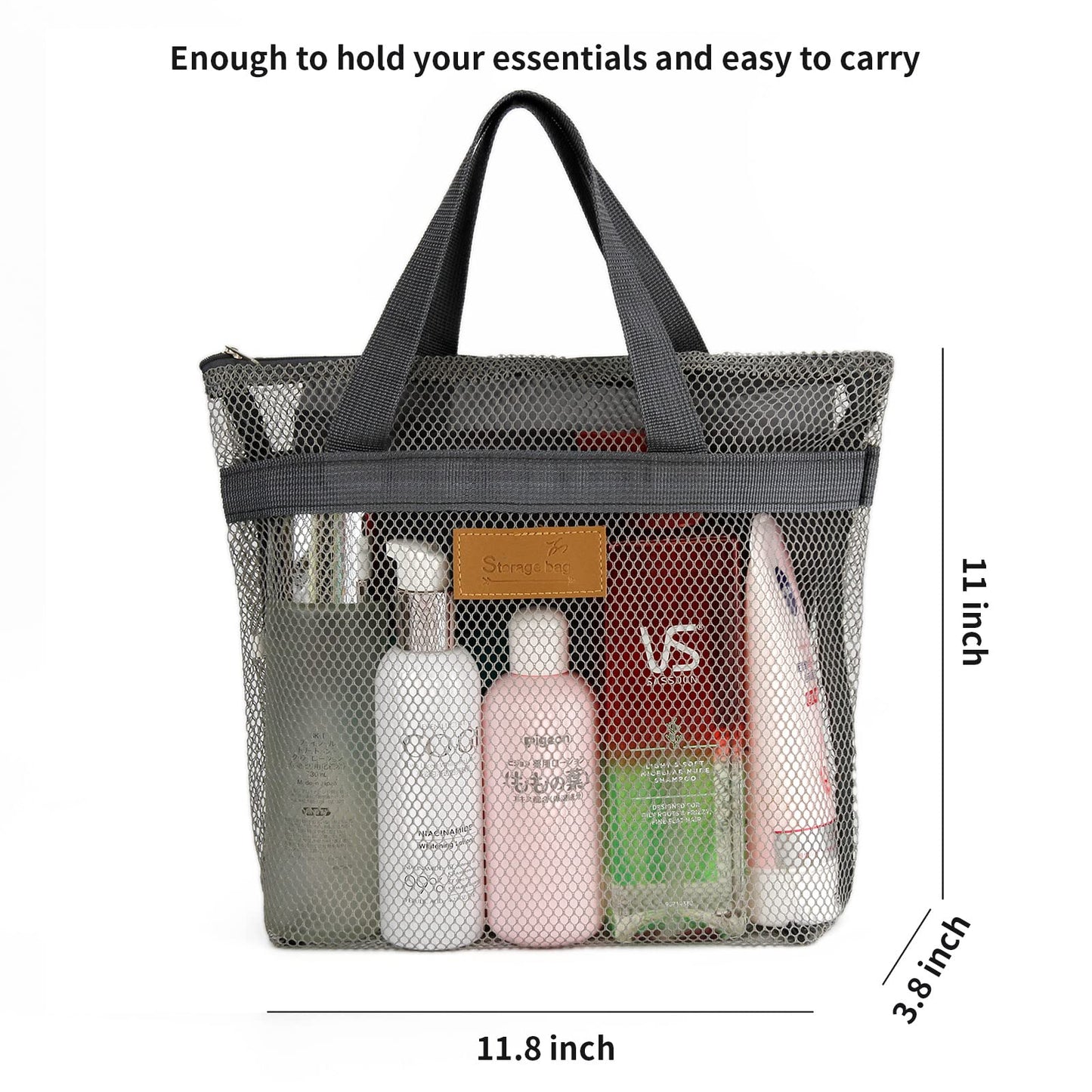 TOPASION Mesh Shower Caddy Bag Portable Hanging Toiletry and Bath Organizer with Zipper for Travel, Gym, Swimming, Camping, College Dorms, Beach (Grey)