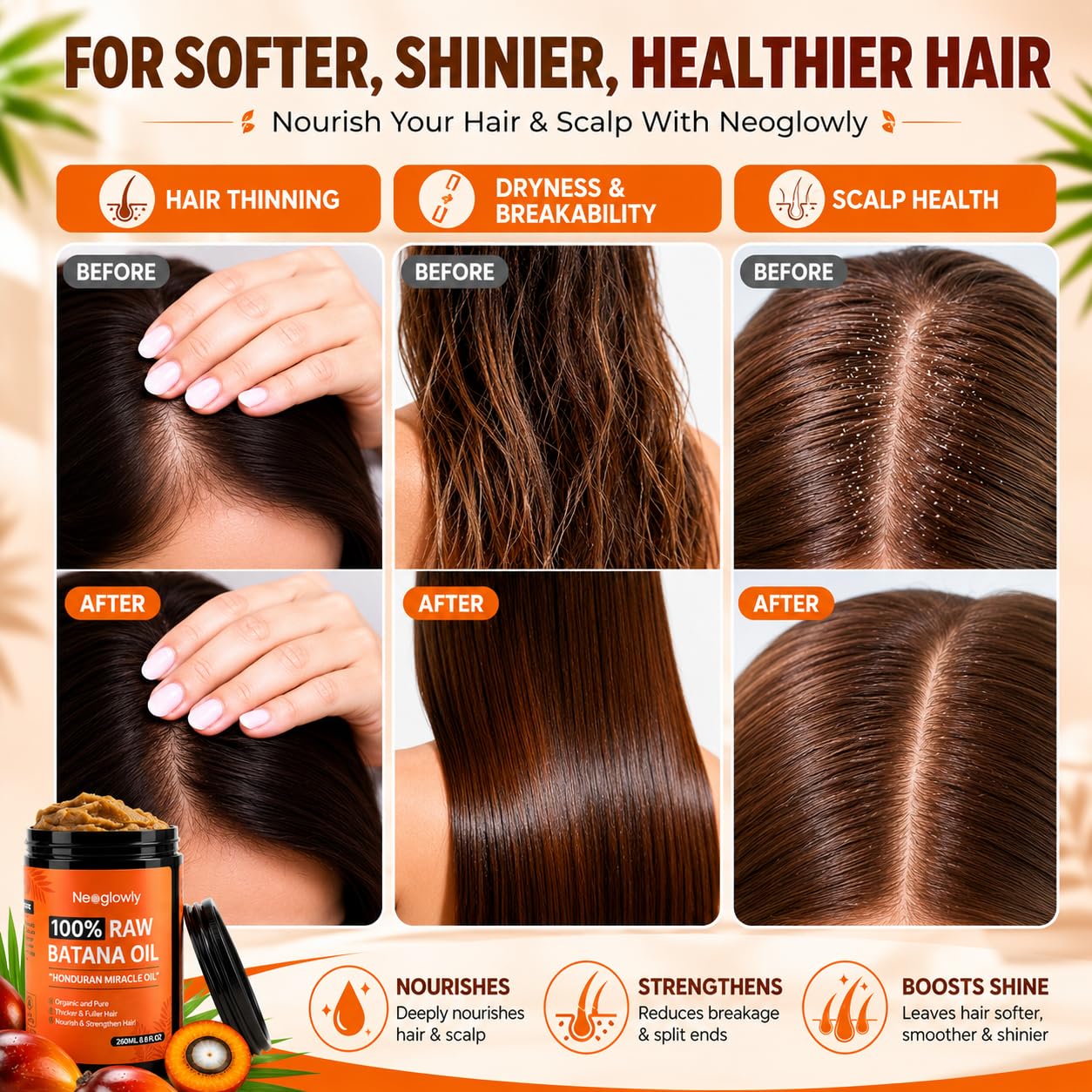 Batana Oil for Hair Growth 8.8oz, 100% Pure & Unrefined Batana Oil from Honduras, Cold Pressed Hair Treatment Oil for Thicker Fuller Stronger Hair, Deep Scalp Moisturizer for Men & Women