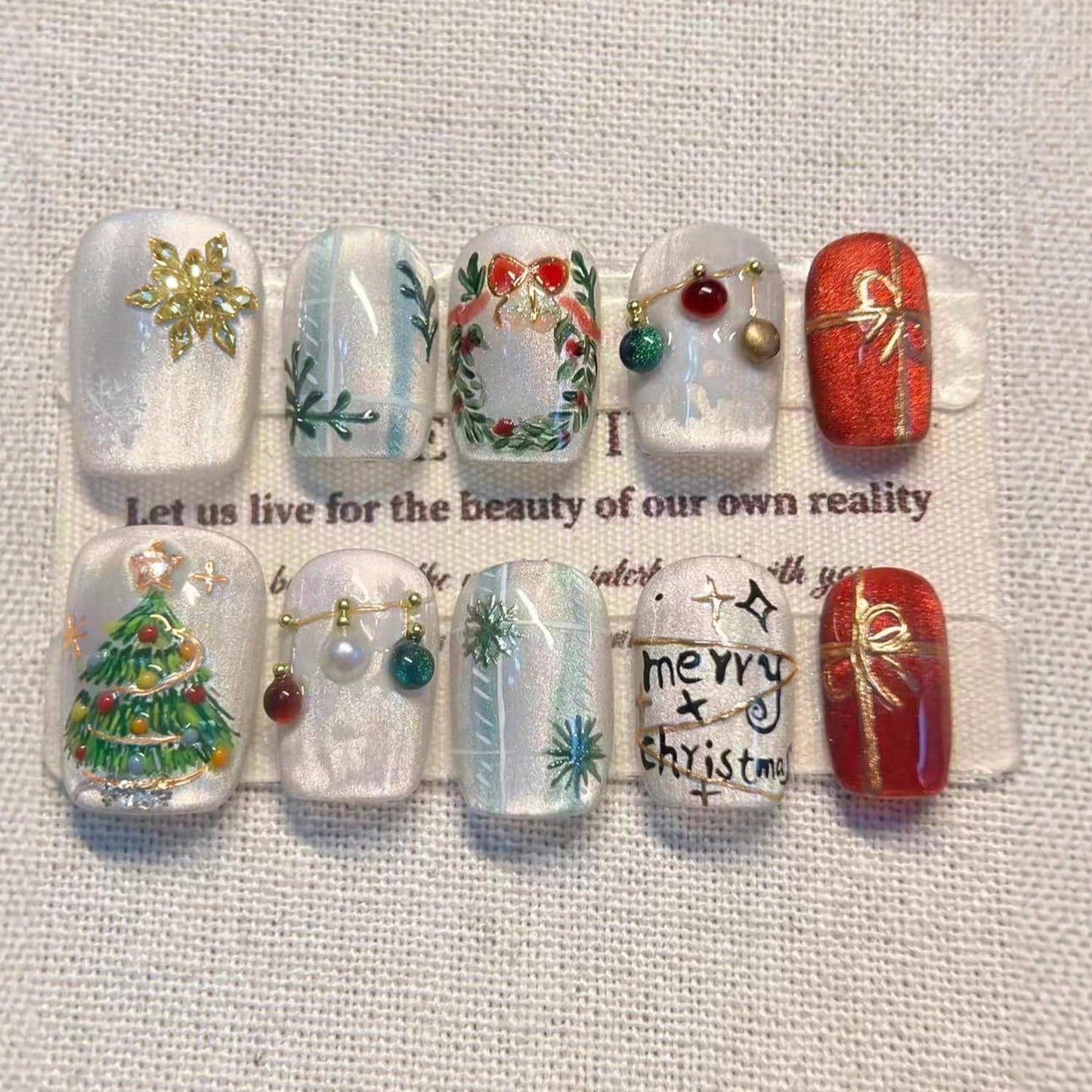 French Tip Press-On Nails - 24 Pcs Medium Almond with 3D Flower & Gold Rhinestones | Full Cover Nude Artificial Nails