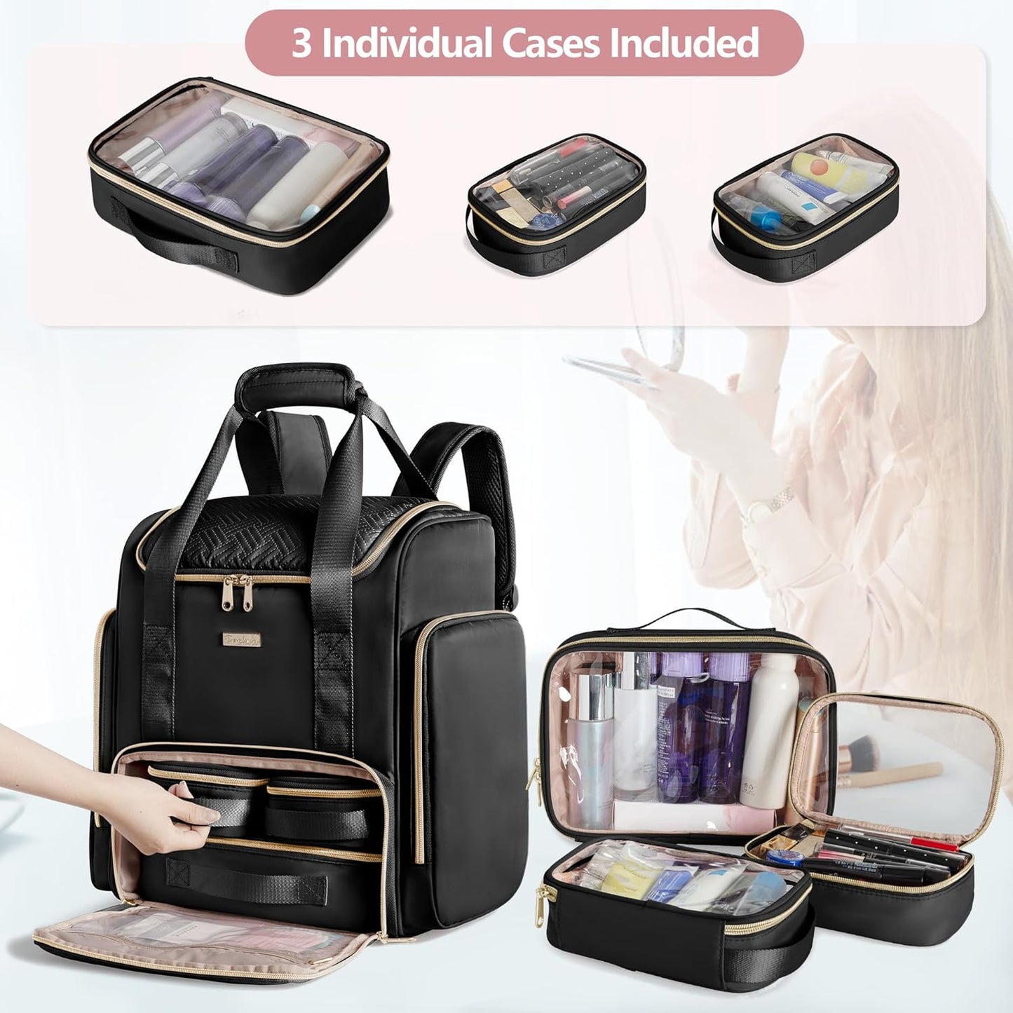 Large Makeup Backpack - Professional Double Layer Case with 3 Clear Bags & Brush Storage for Artists