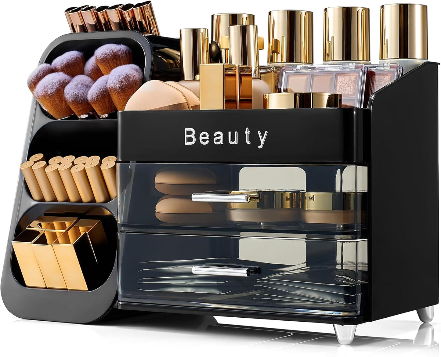 Makeup Organizer for Vanity - Spacious Countertop Storage with Brush Holder & Drawers | Ideal for Cosmetics & Skincare