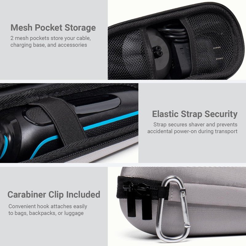 Nincha Electric Razor Case for Braun Series 3, 5, 7, 9 Shavers, Hard Shell EVA Travel Case with Charger Storage, Shaver Protective Carrying Case with Carabiner, Silver, Compact, Practical
