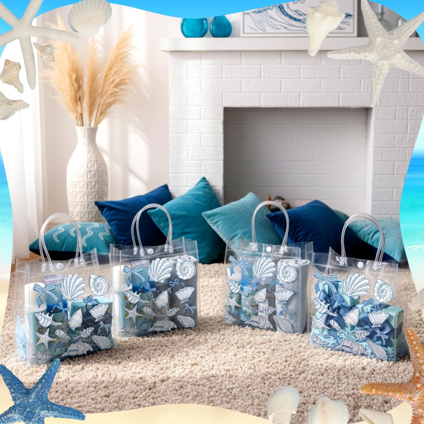 Teenyyou 24 Pcs Ocean Seashell Beach Gift Bags with Handles Starfish Shell PVC Gift Bags Candy Treat Tote Party Favor for Birthday Party Supplies