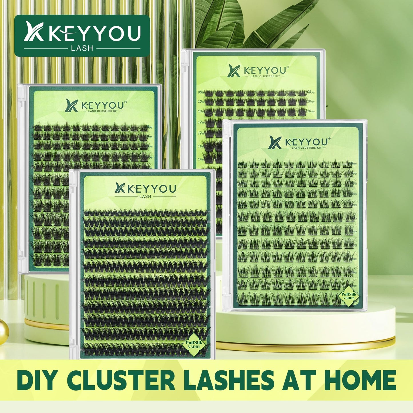KEYYOU Lash Clusters 3D Effect Eyelash Clusters 144pcs D Curl Wispy Lashes Cluster Lashes 8-18MIX Natural Soft DIY Lash Extension at Home(PuffSilk V3D05-D-8-18MIX)