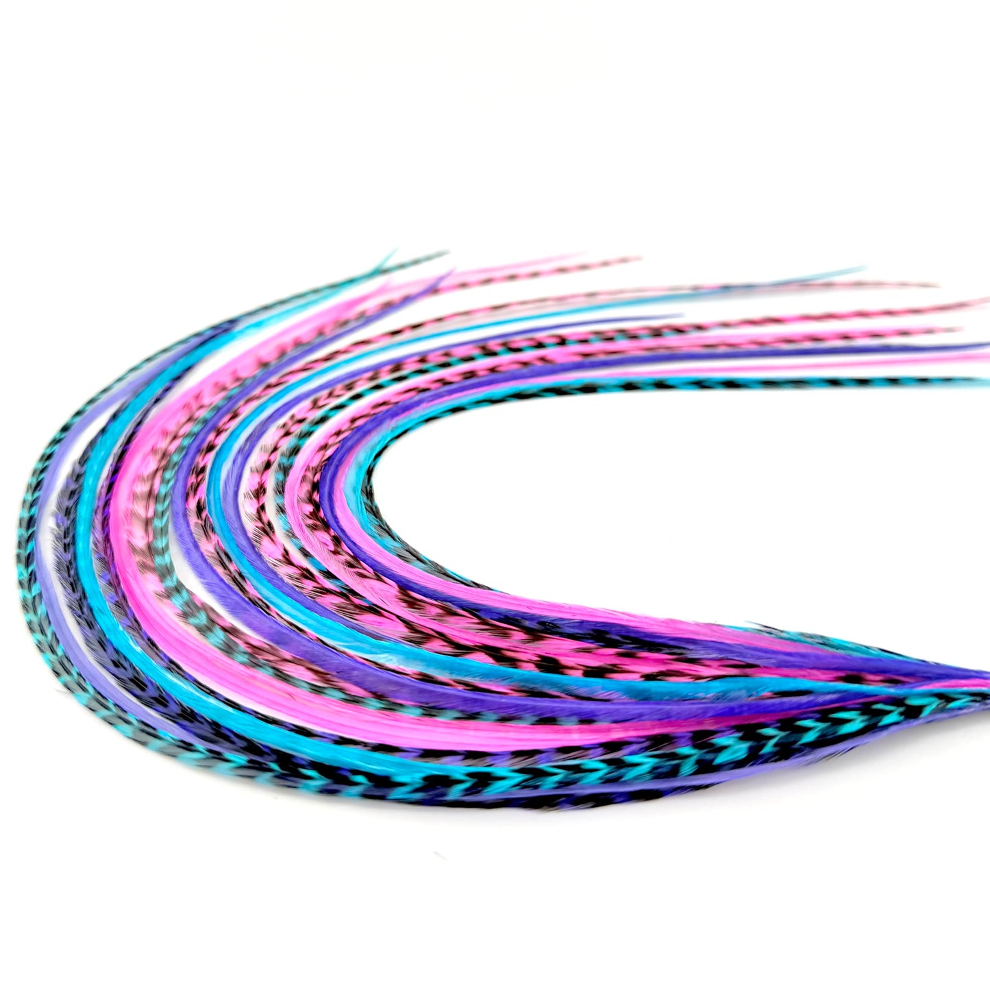 21 Purple Pink & Turquoise Color Hair Extensions – 9”–14” Long – DIY Rooster Kit with 20 Micro-Link Beads – 100% Real Feathers – Eye-Catching Boho Style