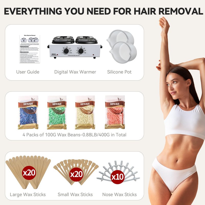 Large Waxing Kit with 4 Bags of Wax Beads 2 Silicone Bowl 40 Sticks 10 Nose Sticks, Wax Warmer Double Pot for Women Men Salon Home Hair Removal