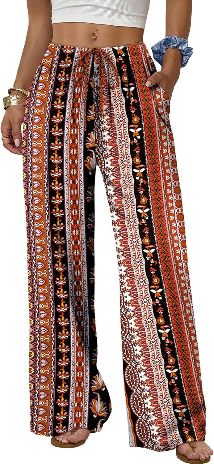 Wide Leg Pants for Women - Flowy Palazzo Trousers with Drawstring & Pockets | Summer Beach Vacation Wear