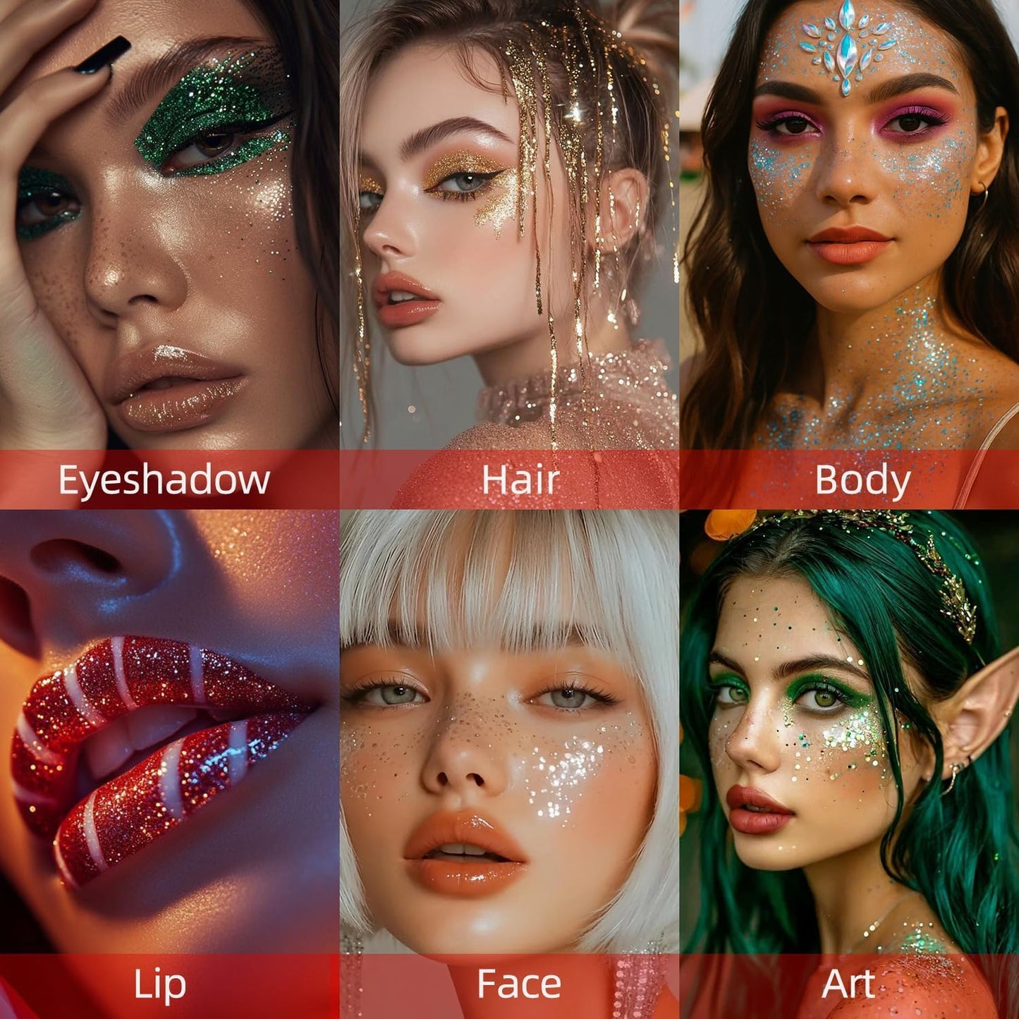 Mexico Face Glitter Stick, Sparkling Neon Outfit Accessories Party Holographic Sequins Mardi Gras Body & Hair Glitter Gel Makeup. (Red & Green & White)