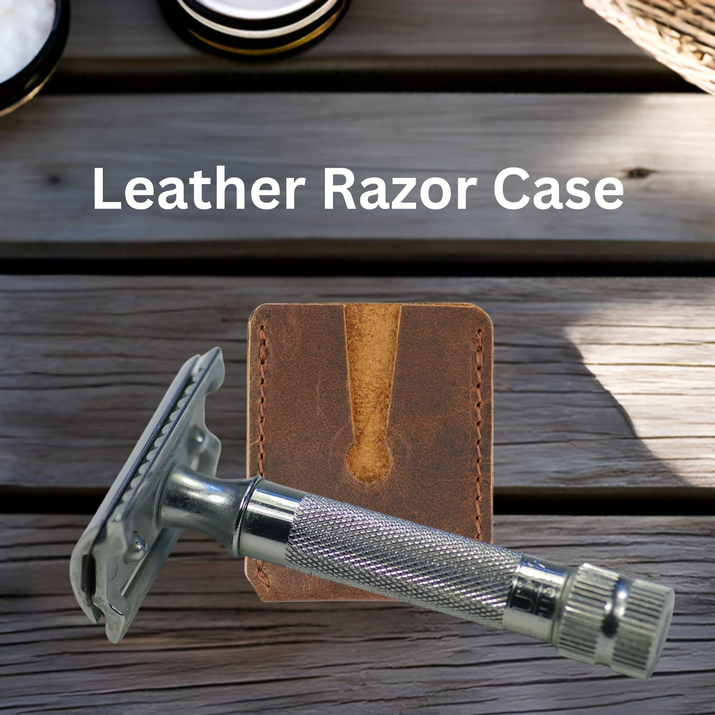 CestAntiQ Leather Safety Razor Cover – Double Edge Protector, Travel Shaving Pouch, Snap-On Head Guard, Durable Leather Case for DE Blades, Compact Shaving Accessory Pouch