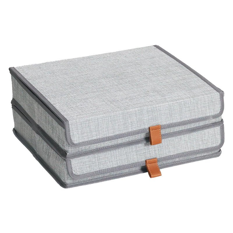 ORGMASTER Photo Storage Boxes with Lids, Memory Box for Keepsakes, Picture Organizer Versatile Linen Containers Basket Collapsible Bin for Organizing Home Office, 2 Pack, 14x10.8x2.5 Inch, Gray
