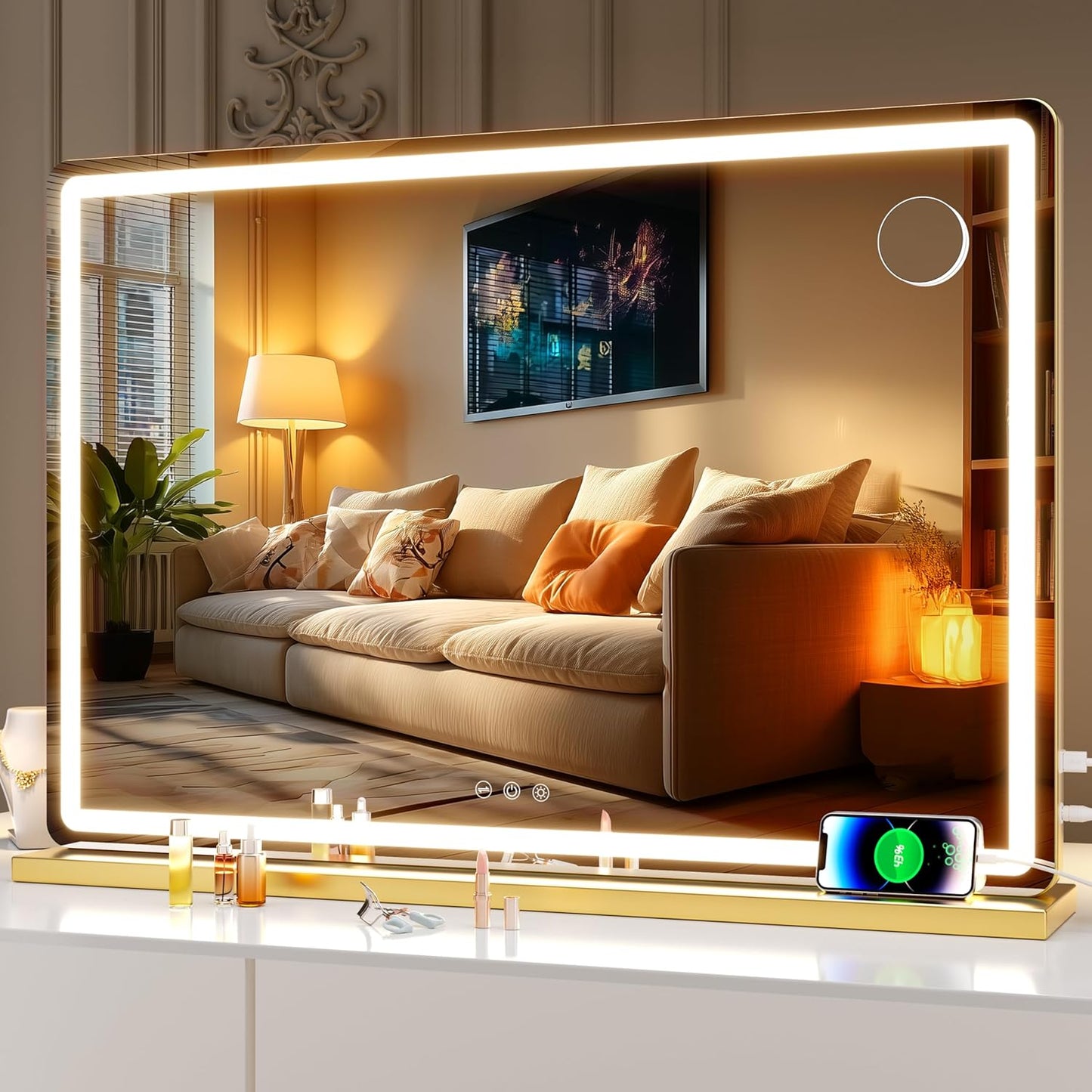 LED Makeup Mirror with Lights - 31.5" x 22" Dimmable Touch Screen Vanity Mirror | Round Black Design
