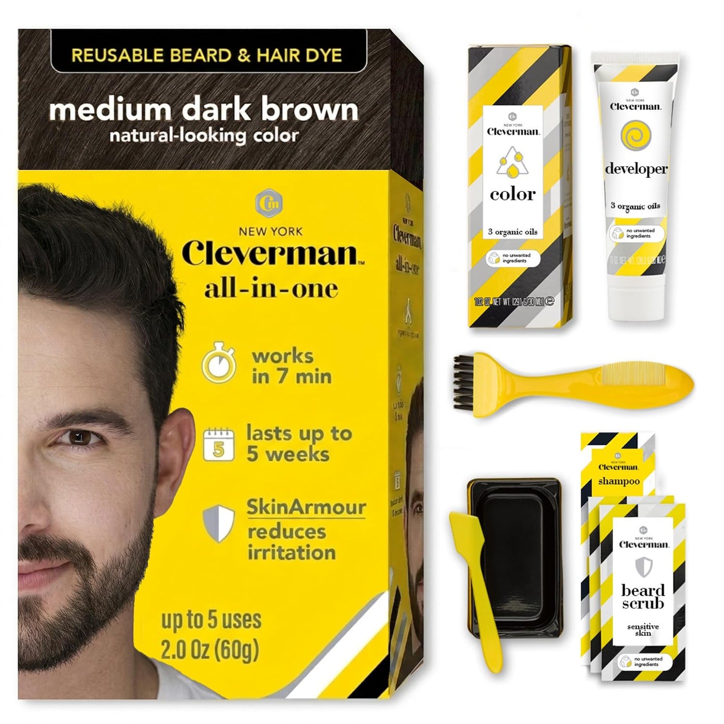 Cleverman Reusable Hair & Beard Dye for Men - Light Brown | Natural Gray Coverage, No-Drip Cream, 5 Uses in 7 Minutes