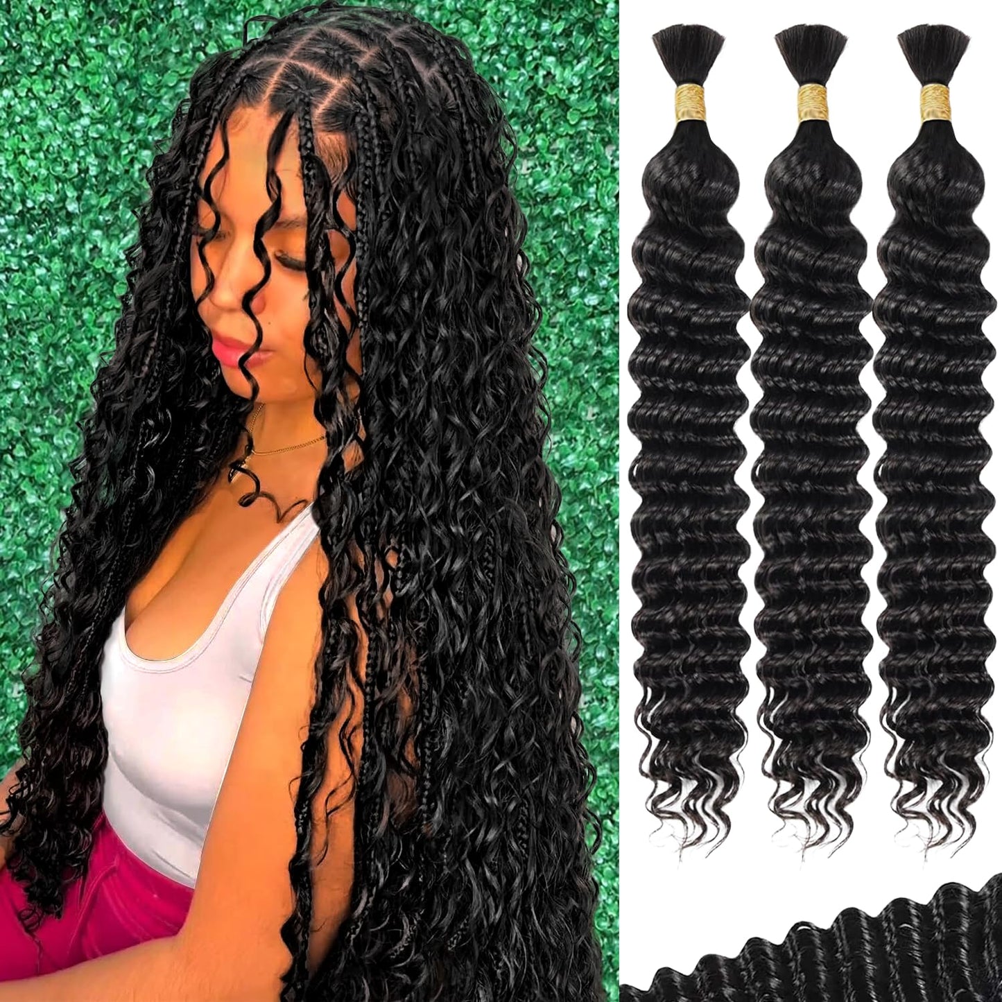 22 Inch Human Braiding Hair - Boho Deep Wave Bulk Brazilian Virgin Hair | 3 Bundles, 110g, Natural Color