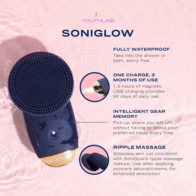 YOUTHLUX SoniGlow Silicone Face Scrubber/Facial Cleansing Brush – Electric Vibrating Skincare Scrubber Tool for Deep Pore Cleansing, Gentle Massage, Makeup Removal, Waterproof and Rechargeable (Navy)