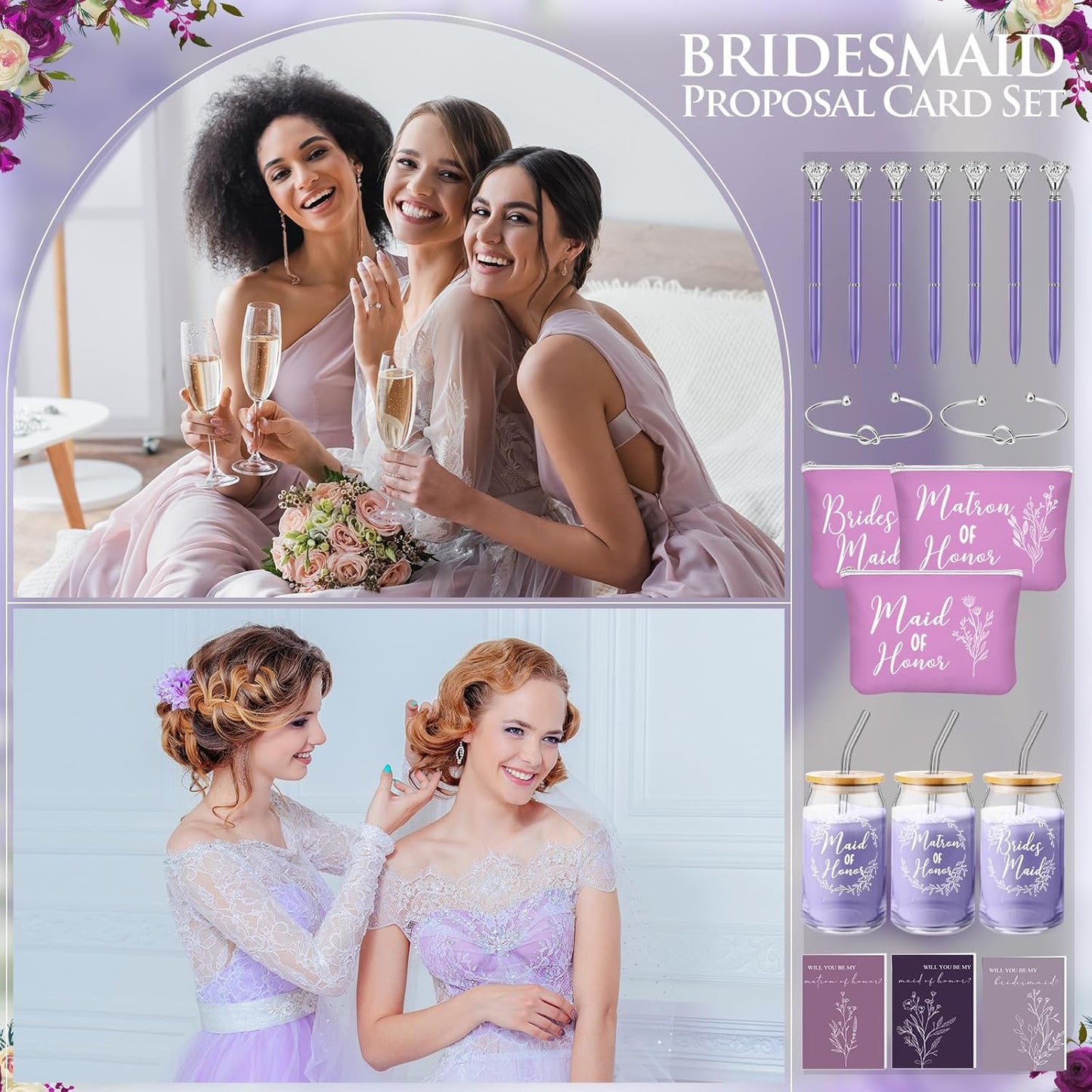 Bridesmaid Proposal Gifts - 48 Pcs Set with 16oz Glass Cups, Makeup Bags & More | Classic Purple