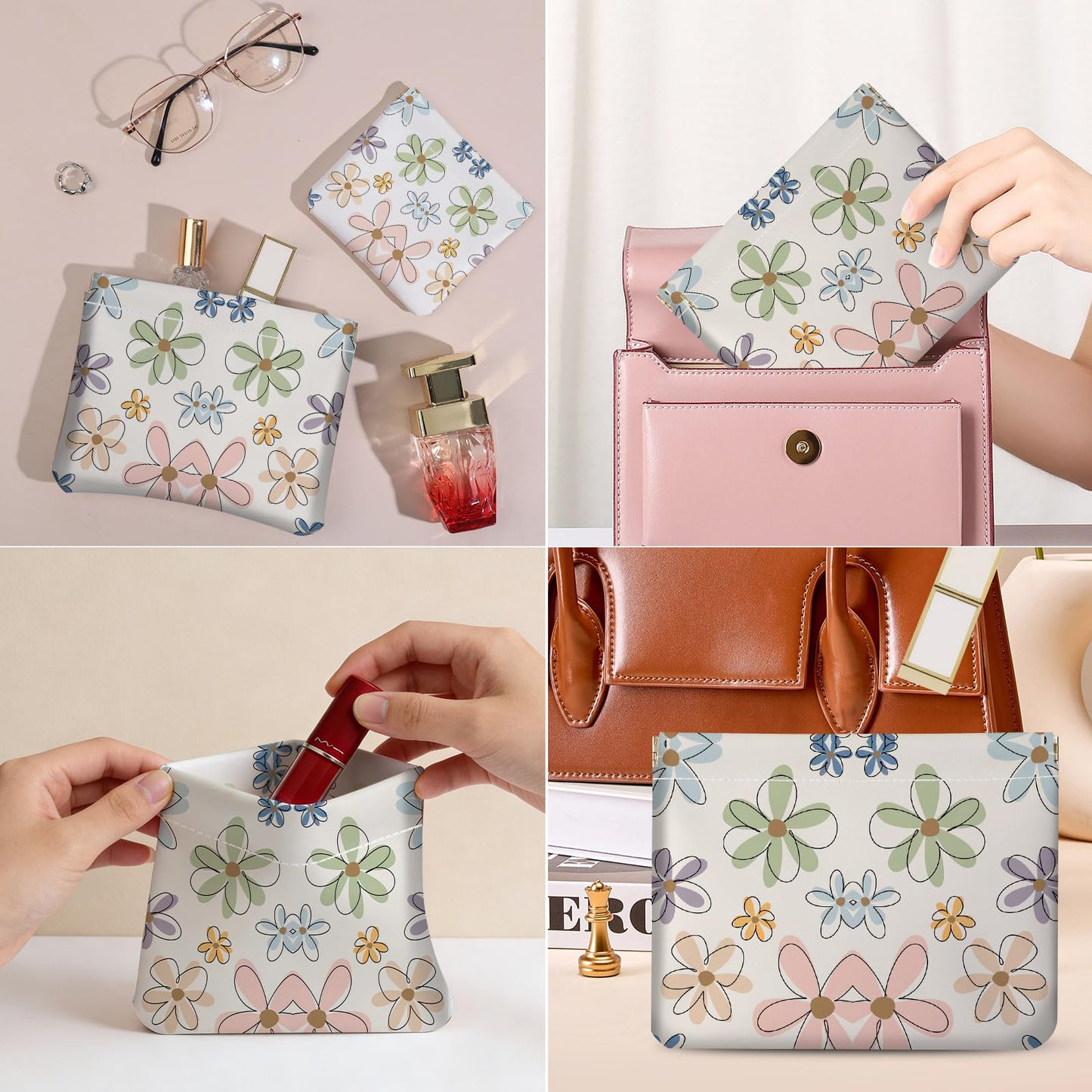 Luoycxy 2 PCS PU Leather Small Makeup Bag Set for Purse,No Zipper Self-closing Cosmetic Bag, Portable Coin Purse Lipstick Accessories Organizer Travel Toiletry Storage Pouch for Women,Line Flower A