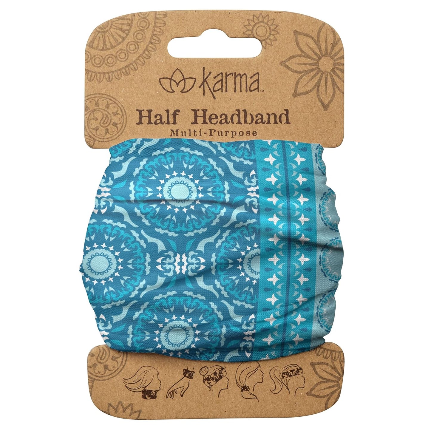 Floral Headband for Women | Stretchy Fabric Hair Scarf - Light Tan & Blue - Medium Size